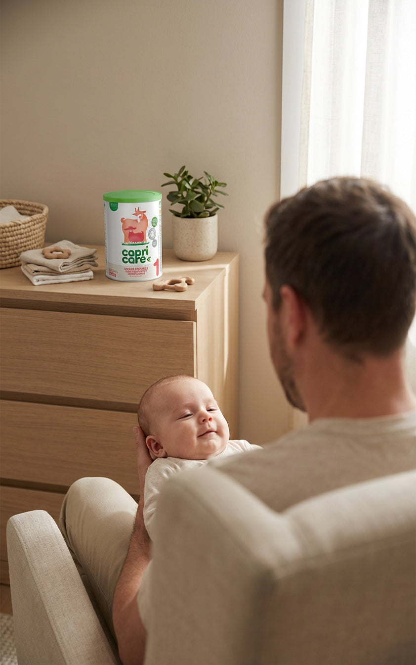 Dad sitting with newborn, with Capricare infant formula on a dresser in the background