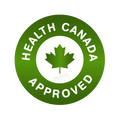 A circular green Health Canada Approved seal with a white center, white text reading 'HEALTH CANADA APPROVED,' and a maple leaf in the middle