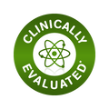 A circular green badge with white text reading 'CLINICALLY EVALUATED' and a green atom icon in the center